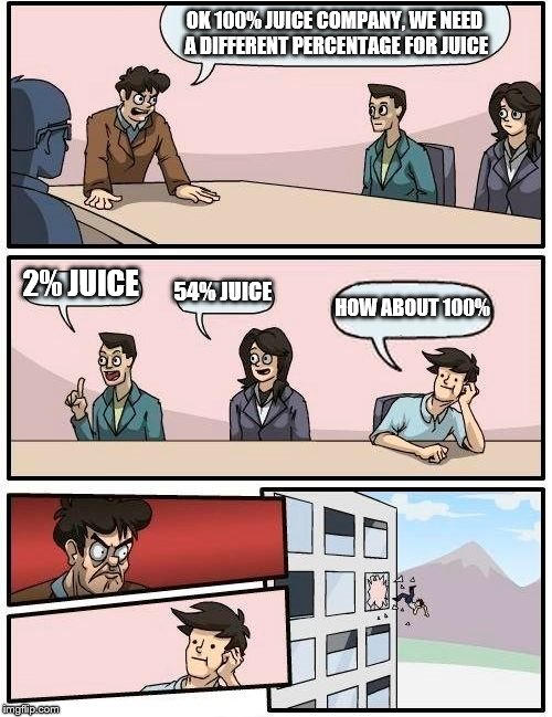 Boardroom Meeting Suggestion Meme | OK 100% JUICE COMPANY, WE NEED A DIFFERENT PERCENTAGE FOR JUICE; 2% JUICE; 54% JUICE; HOW ABOUT 100% | image tagged in memes,boardroom meeting suggestion | made w/ Imgflip meme maker