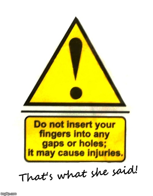That's what she said! | image tagged in that's what she said,fingers,gaps,holes,warning sign,injuries | made w/ Imgflip meme maker