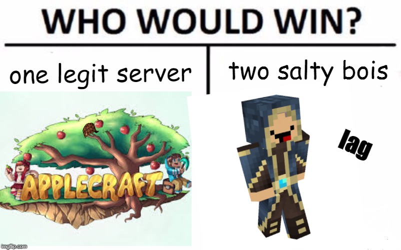Who Would Win? Meme | one legit server; two salty bois; lag | image tagged in memes,who would win,scumbag | made w/ Imgflip meme maker