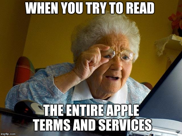 Grandma Finds The Internet Meme | WHEN YOU TRY TO READ; THE ENTIRE APPLE TERMS AND SERVICES | image tagged in memes,grandma finds the internet | made w/ Imgflip meme maker