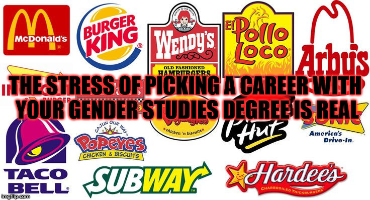 Gender Studies | THE STRESS OF PICKING A CAREER WITH YOUR GENDER STUDIES DEGREE IS REAL | image tagged in college | made w/ Imgflip meme maker