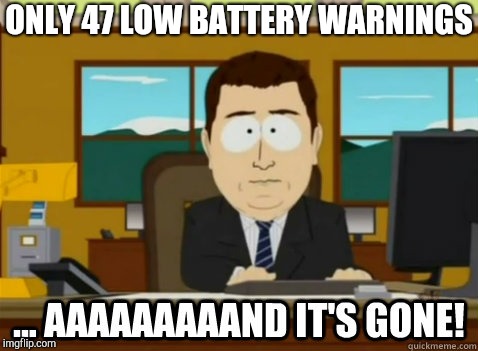 Even if on the charge sometimes | ONLY 47 LOW BATTERY WARNINGS | image tagged in and its gone | made w/ Imgflip meme maker