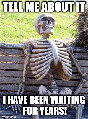 Waiting Skeleton Meme | TELL ME ABOUT IT I HAVE BEEN WAITING FOR YEARS! | image tagged in memes,waiting skeleton | made w/ Imgflip meme maker