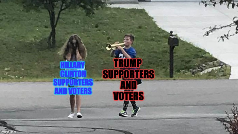 The Political Divide | TRUMP SUPPORTERS AND VOTERS; HILLARY CLINTON SUPPORTERS AND VOTERS | image tagged in trumpet boy object labeling,donald trump,hillary clinton,politics,memes | made w/ Imgflip meme maker