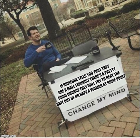 Change my mind | IF SOMEONE TELLS YOU THAT THEY ARE A MALE FEMINIST THERE’S A PRETTY GOOD CHANCE THEY WILL TRY TO BEAT THE SHIT OUT OF OR RAPE A WOMAN AT SOME POINT | image tagged in change my mind | made w/ Imgflip meme maker