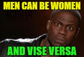 Kevin Hart Meme |  MEN CAN BE WOMEN; AND VISE VERSA | image tagged in memes,kevin hart the hell | made w/ Imgflip meme maker