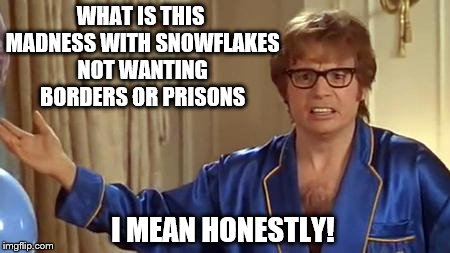 Austin Powers Honestly | WHAT IS THIS MADNESS WITH SNOWFLAKES NOT WANTING BORDERS OR PRISONS; I MEAN HONESTLY! | image tagged in memes,austin powers honestly | made w/ Imgflip meme maker