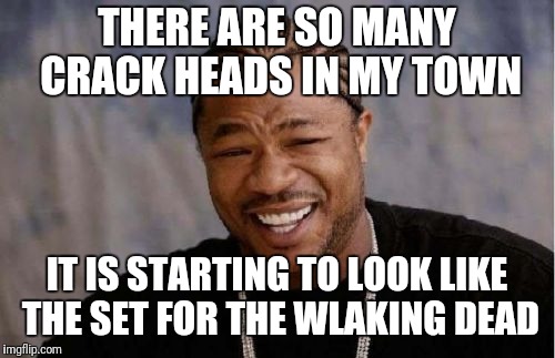 Yo Dawg Heard You | THERE ARE SO MANY CRACK HEADS IN MY TOWN; IT IS STARTING TO LOOK LIKE THE SET FOR THE WLAKING DEAD | image tagged in memes,yo dawg heard you | made w/ Imgflip meme maker
