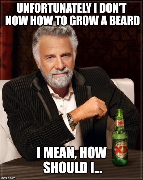 The Most Interesting Man In The World Meme | UNFORTUNATELY I DON’T NOW HOW TO GROW A BEARD I MEAN, HOW SHOULD I... | image tagged in memes,the most interesting man in the world | made w/ Imgflip meme maker