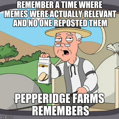 Pepperidge Farm Remembers Meme | REMEMBER A TIME WHERE MEMES WERE ACTUALLY RELEVANT AND NO ONE REPOSTED THEM; PEPPERIDGE FARMS REMEMBERS | image tagged in memes,pepperidge farm remembers | made w/ Imgflip meme maker