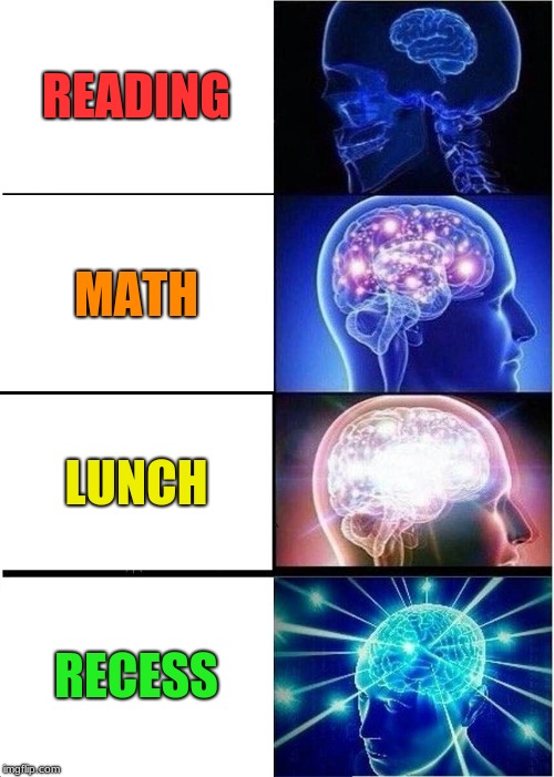 School Subjects | READING; MATH; LUNCH; RECESS | image tagged in memes,expanding brain,school | made w/ Imgflip meme maker