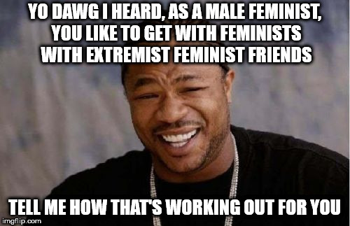 Yo Dawg Heard You Meme | YO DAWG I HEARD, AS A MALE FEMINIST, YOU LIKE TO GET WITH FEMINISTS WITH EXTREMIST FEMINIST FRIENDS TELL ME HOW THAT'S WORKING OUT FOR YOU | image tagged in memes,yo dawg heard you | made w/ Imgflip meme maker