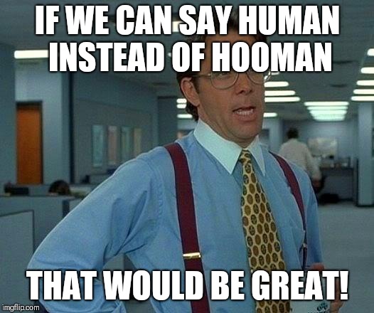 That Would Be Great Meme | IF WE CAN SAY HUMAN INSTEAD OF HOOMAN; THAT WOULD BE GREAT! | image tagged in memes,that would be great | made w/ Imgflip meme maker