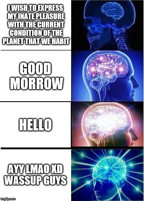 Expanding Brain | I WISH TO EXPRESS MY INATE PLEASURE WITH THE CURRENT CONDITION OF THE PLANET THAT WE HABIT; GOOD MORROW; HELLO; AYY LMAO XD WASSUP GUYS | image tagged in memes,expanding brain | made w/ Imgflip meme maker