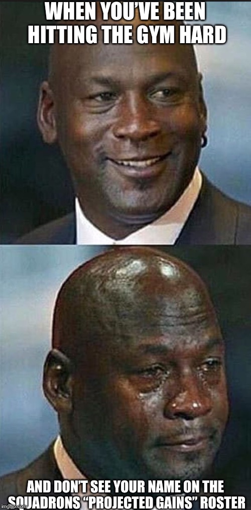 No Gains | WHEN YOU’VE BEEN HITTING THE GYM HARD; AND DON’T SEE YOUR NAME ON THE SQUADRONS “PROJECTED GAINS” ROSTER | image tagged in jordan before after,crying michael jordan | made w/ Imgflip meme maker