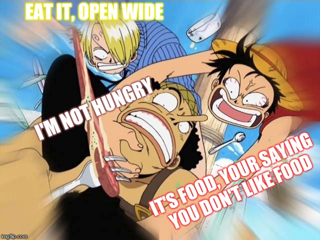 EAT IT, OPEN WIDE; I'M NOT HUNGRY; IT'S FOOD, YOUR SAYING YOU DON'T LIKE FOOD | image tagged in eat it | made w/ Imgflip meme maker