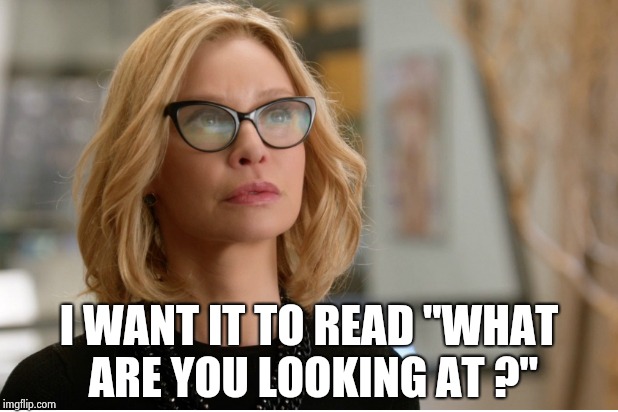 Callista Flockhart | I WANT IT TO READ "WHAT ARE YOU LOOKING AT ?" | image tagged in callista flockhart | made w/ Imgflip meme maker
