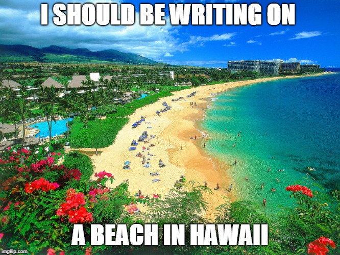 hawaii | I SHOULD BE WRITING ON; A BEACH IN HAWAII | image tagged in hawaii | made w/ Imgflip meme maker