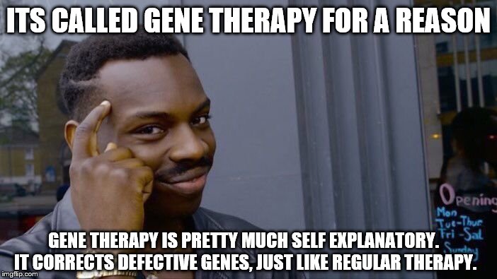 Roll Safe Think About It | ITS CALLED GENE THERAPY FOR A REASON; GENE THERAPY IS PRETTY MUCH SELF EXPLANATORY. IT CORRECTS DEFECTIVE GENES, JUST LIKE REGULAR THERAPY. | image tagged in memes,roll safe think about it | made w/ Imgflip meme maker