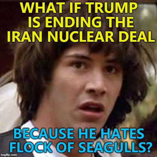 Iran/I-ran... :) | WHAT IF TRUMP IS ENDING THE IRAN NUCLEAR DEAL; BECAUSE HE HATES FLOCK OF SEAGULLS? | image tagged in memes,conspiracy keanu,iran nuclear deal,flock of seagulls,music,donald trump | made w/ Imgflip meme maker