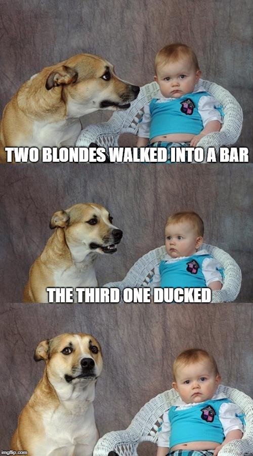 Blondes Have More Fun? | TWO BLONDES WALKED INTO A BAR; THE THIRD ONE DUCKED | image tagged in memes,dad joke dog | made w/ Imgflip meme maker