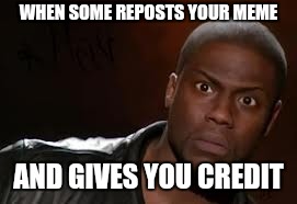 Kevin Hart | WHEN SOME REPOSTS YOUR MEME; AND GIVES YOU CREDIT | image tagged in memes,kevin hart the hell | made w/ Imgflip meme maker