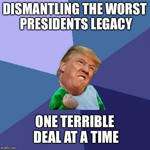 Screw you Iran, and your friends too. | DISMANTLING THE WORST PRESIDENTS LEGACY; ONE TERRIBLE DEAL AT A TIME | image tagged in memes,success kid,donald trump,trump,pissed off obama | made w/ Imgflip meme maker