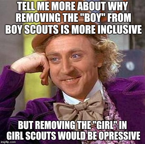 Why can't there just be two seperate groups? |  TELL ME MORE ABOUT WHY REMOVING THE "BOY" FROM BOY SCOUTS IS MORE INCLUSIVE; BUT REMOVING THE "GIRL" IN GIRL SCOUTS WOULD BE OPRESSIVE | image tagged in memes,creepy condescending wonka,boy scouts,what the heck,why | made w/ Imgflip meme maker