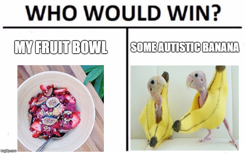 Who Would Win? Meme | MY FRUIT BOWL; SOME AUTISTIC BANANA | image tagged in memes,who would win | made w/ Imgflip meme maker