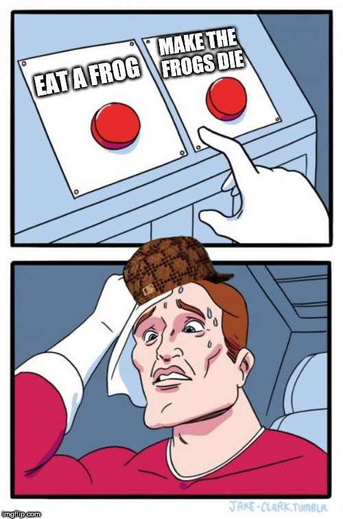 Two Buttons Meme | MAKE THE FROGS DIE; EAT A FROG | image tagged in memes,two buttons,scumbag | made w/ Imgflip meme maker