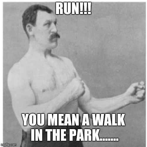 Overly Manly Man Meme | RUN!!! YOU MEAN A WALK IN THE PARK....... | image tagged in memes,overly manly man,run,a walk in the park,meme,jokes | made w/ Imgflip meme maker