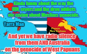 Kinda funny about the way the UIN, cryers and the drug addicts etc crying about Muslims genocide. Yarra Man; And yet we have radio silence from them AND Australia on the genocide of West Papuans | image tagged in west papua 1 | made w/ Imgflip meme maker