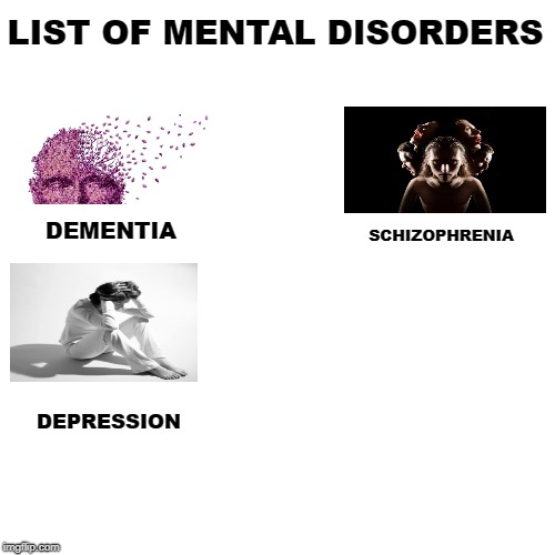 Mental disorder meme |  LIST OF MENTAL DISORDERS; DEMENTIA; SCHIZOPHRENIA; DEPRESSION | image tagged in mentaldisodermeme | made w/ Imgflip meme maker