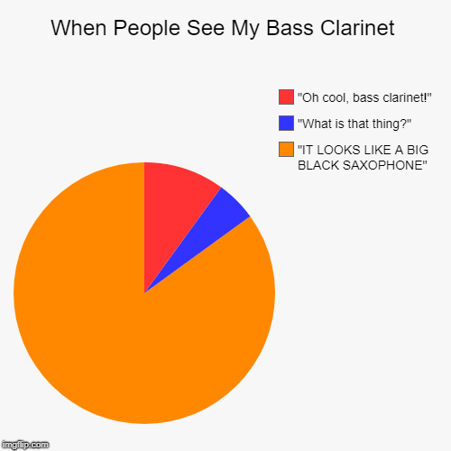 When People See My Bass Clarinet | "IT LOOKS LIKE A BIG BLACK SAXOPHONE", "What is that thing?", "Oh cool, bass clarinet!" | image tagged in funny,pie charts | made w/ Imgflip chart maker