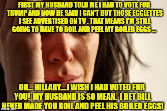 The poor wives of Republicans speak out for Hillary | FIRST MY HUSBAND TOLD ME I HAD TO VOTE FOR TRUMP AND NOW HE SAID I CAN'T BUY THOSE EGGLETTES I SEE ADVERTISED ON TV . THAT MEANS I'M STILL GOING TO HAVE TO BOIL AND PEEL MY BOILED EGGS ... OH... HILLARY....I WISH I HAD VOTED FOR YOU!  MY HUSBAND IS SO MEAN.  I BET BILL NEVER MADE YOU BOIL AND PEEL HIS BOILED EGGS! | image tagged in first world problems,bill and hillary clinton,hillary supporters,hey hillary,sad but true,housewife | made w/ Imgflip meme maker