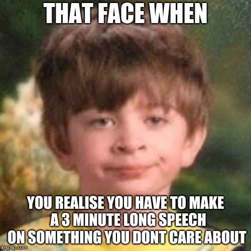 Annoyed face | THAT FACE WHEN; YOU REALISE YOU HAVE TO MAKE  A 3 MINUTE LONG SPEECH ON SOMETHING YOU DONT CARE ABOUT | image tagged in annoyed face | made w/ Imgflip meme maker