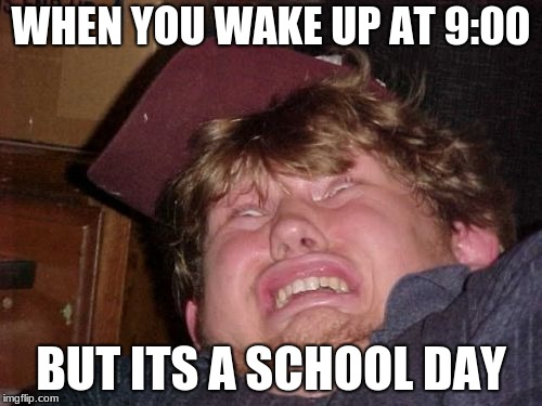 WTF Meme | WHEN YOU WAKE UP AT 9:00; BUT ITS A SCHOOL DAY | image tagged in memes,wtf | made w/ Imgflip meme maker