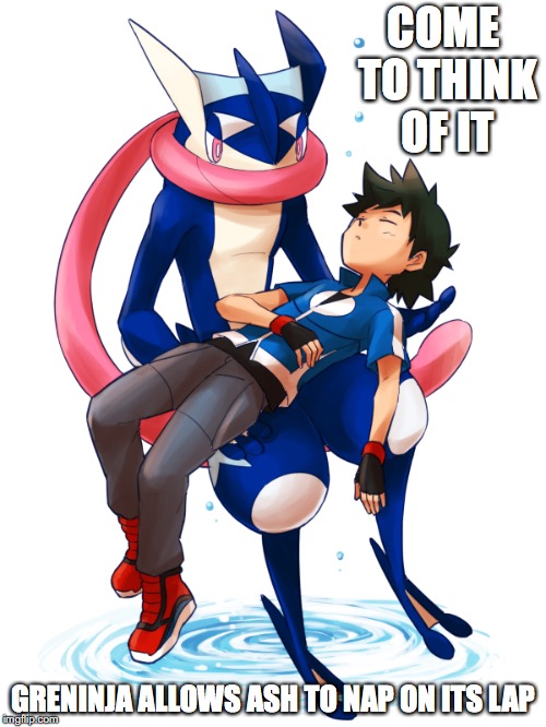 Ash Napping | COME TO THINK OF IT; GRENINJA ALLOWS ASH TO NAP ON ITS LAP | image tagged in ash ketchum,greninja,memes,pokemon | made w/ Imgflip meme maker