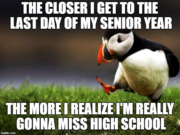 Looking back, this place isn't as bad as it seems, and I'm really gonna miss it all | THE CLOSER I GET TO THE LAST DAY OF MY SENIOR YEAR; THE MORE I REALIZE I'M REALLY GONNA MISS HIGH SCHOOL | image tagged in memes,unpopular opinion puffin,trhtimmy,school,unhelpful high school teacher | made w/ Imgflip meme maker