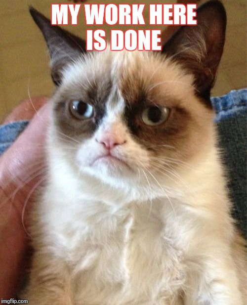 Grumpy Cat Meme | MY WORK HERE IS DONE | image tagged in memes,grumpy cat | made w/ Imgflip meme maker