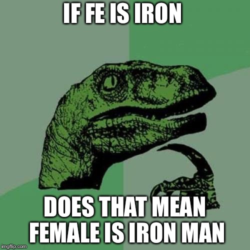 Philosoraptor | IF FE IS IRON; DOES THAT MEAN FEMALE IS IRON MAN | image tagged in memes,philosoraptor | made w/ Imgflip meme maker