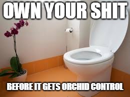 Orchid Control | OWN YOUR SHIT; BEFORE IT GETS ORCHID CONTROL | image tagged in shit,self esteem,puns | made w/ Imgflip meme maker