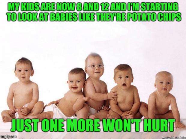 many babies | MY KIDS ARE NOW 8 AND 12 AND I'M STARTING TO LOOK AT BABIES LIKE THEY'RE POTATO CHIPS; JUST ONE MORE WON'T HURT | image tagged in many babies | made w/ Imgflip meme maker