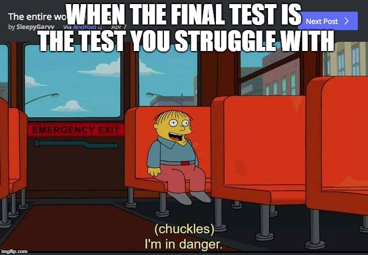Chuckles Im In Danger | WHEN THE FINAL TEST IS THE TEST YOU STRUGGLE WITH | image tagged in chuckles im in danger | made w/ Imgflip meme maker