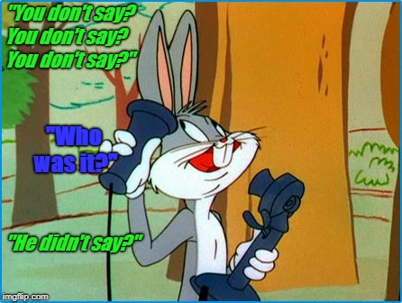 Bugs Bunny "He didn't say" | "You don't say? You don't say? You don't say?"; "Who was it?"; "He didn't say?" | image tagged in bugs bunny,telephone | made w/ Imgflip meme maker