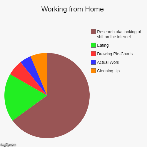 Working from Home | Cleaning Up, Actual Work, Drawing Pie-Charts, Eating, Research aka looking at shit on the internet | image tagged in funny,pie charts | made w/ Imgflip chart maker