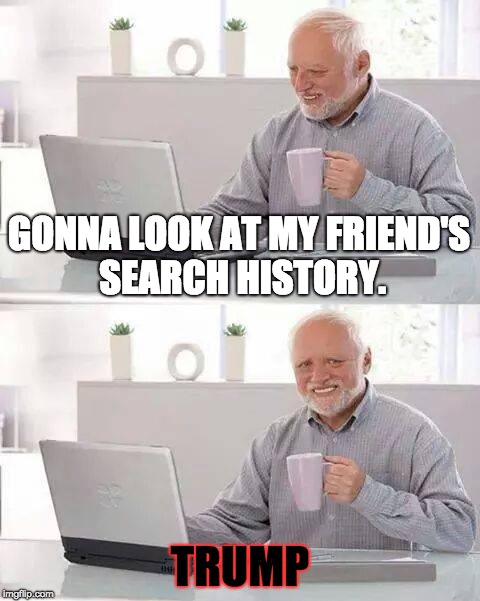 A Way to Know a Person's Political Views | GONNA LOOK AT MY FRIEND'S SEARCH HISTORY. TRUMP | image tagged in memes,hide the pain harold,politics,history,search,donald trump | made w/ Imgflip meme maker