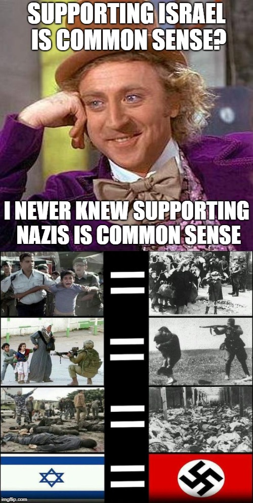 SUPPORTING ISRAEL IS COMMON SENSE? I NEVER KNEW SUPPORTING NAZIS IS COMMON SENSE | image tagged in creepy condescending wonka,israel,nazi,nazis,common sense | made w/ Imgflip meme maker