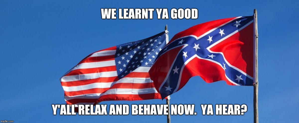 Confederate/American Flag | WE LEARNT YA GOOD; Y'ALL RELAX AND BEHAVE NOW.  YA HEAR? | image tagged in confederate/american flag | made w/ Imgflip meme maker