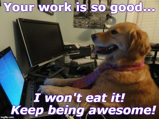 Dog behind a computer | Your work is so good... I won't eat it!  Keep being awesome! | image tagged in dog behind a computer | made w/ Imgflip meme maker
